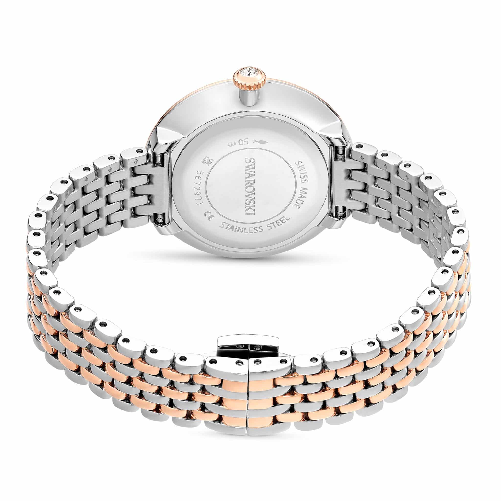 Swarovski Matrix Tennis 7-link Swiss Made watch with rose gold tone metal bracelet and mixed metal finish.