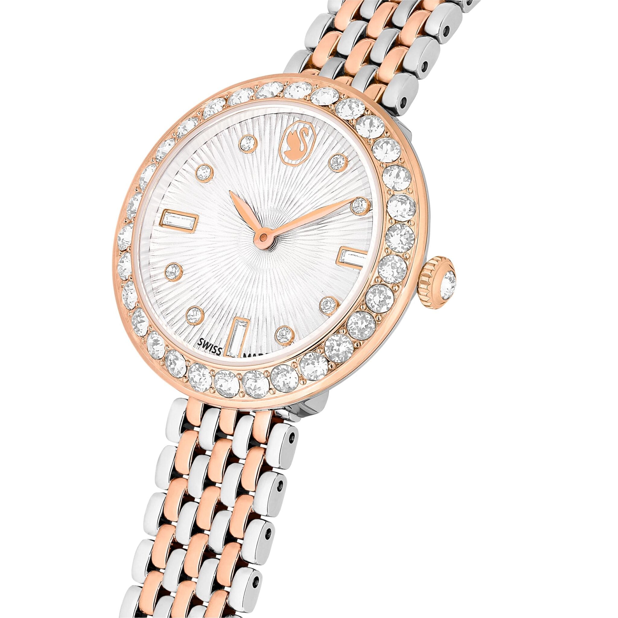 Swarovski Matrix Tennis 7-link Swiss Made watch with rose gold-tone metal bracelet and mixed metal finish.