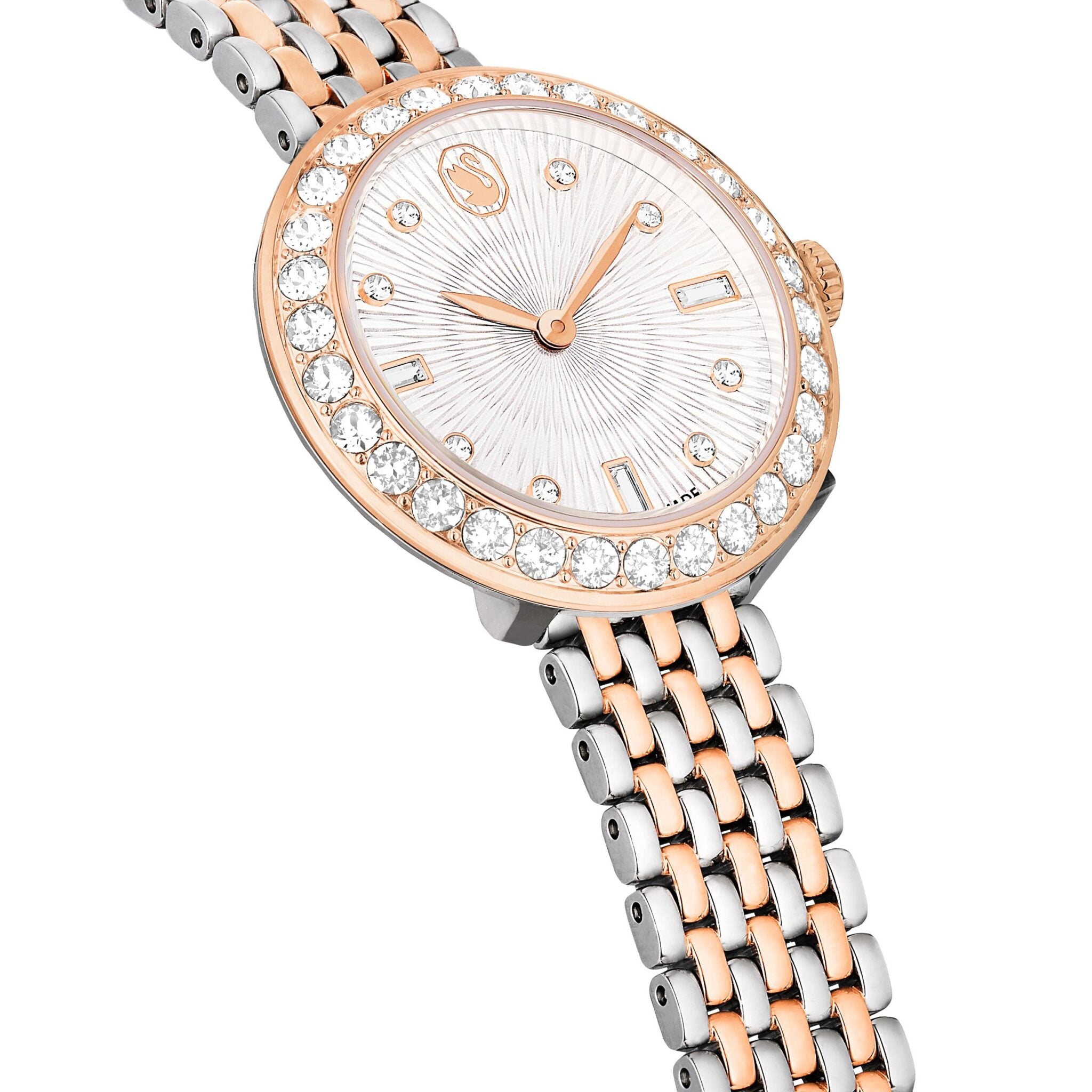 Swarovski Matrix Tennis 7-link Swiss Made watch with rose gold-toned metal bracelet and mixed metal finish.