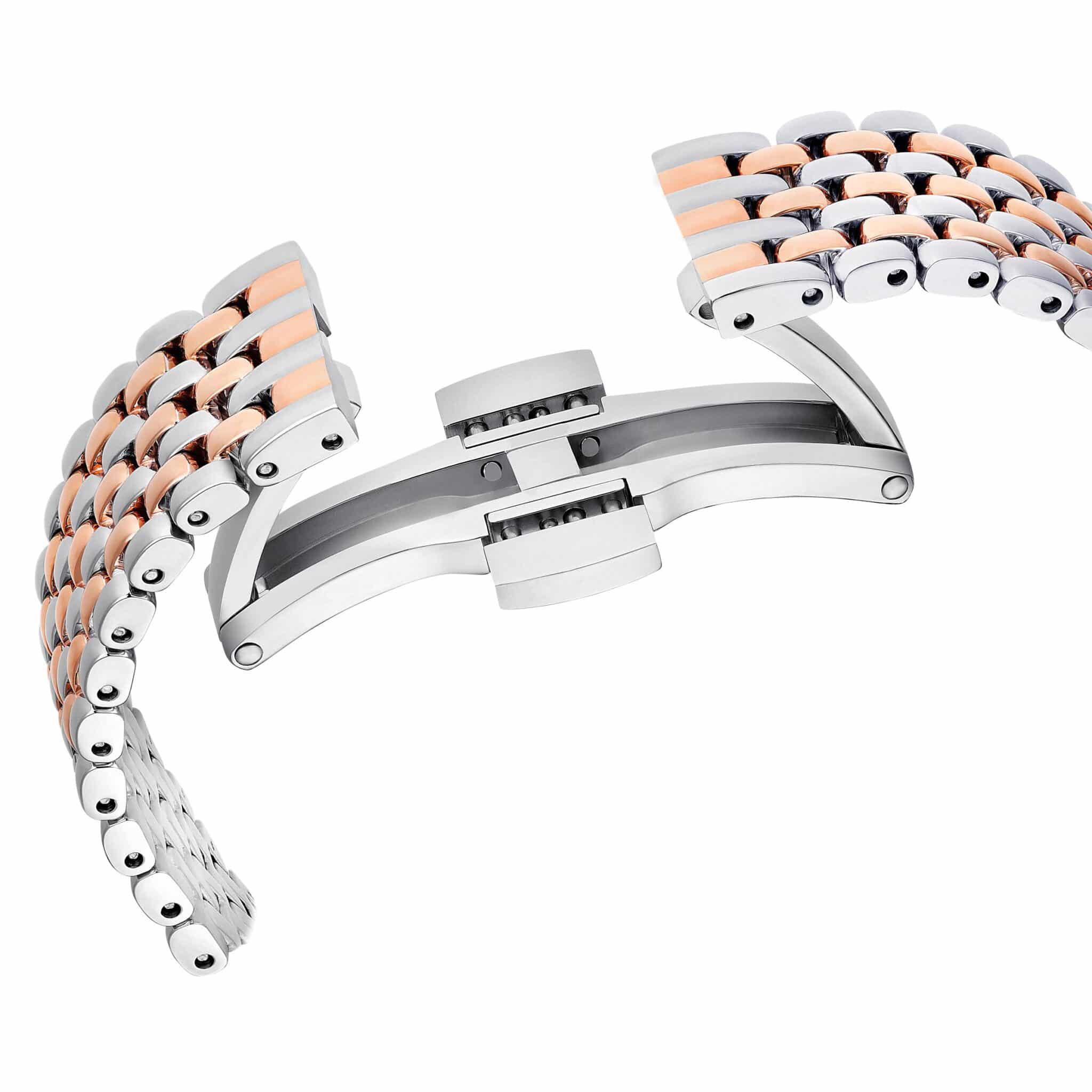 Swarovski Matrix Tennis 7-link Swiss Made watch with rose gold tone metal bracelet and mixed metal finish.