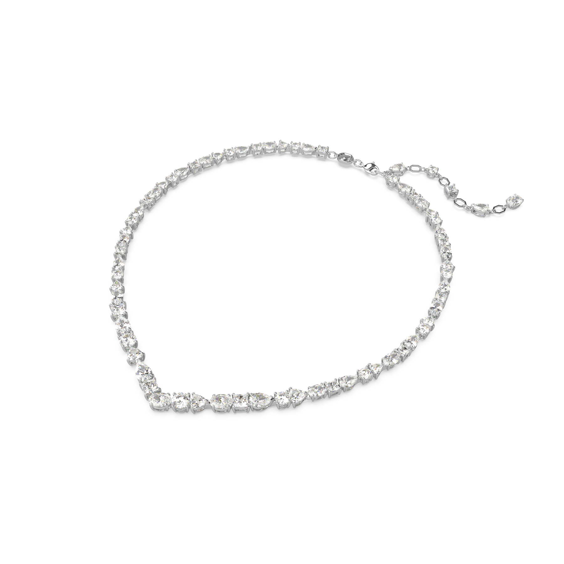 Swarovski Mesmera jewelry set with mixed cut white crystals, rhodium-plated elegant earrings and necklace displayed on a white background.
