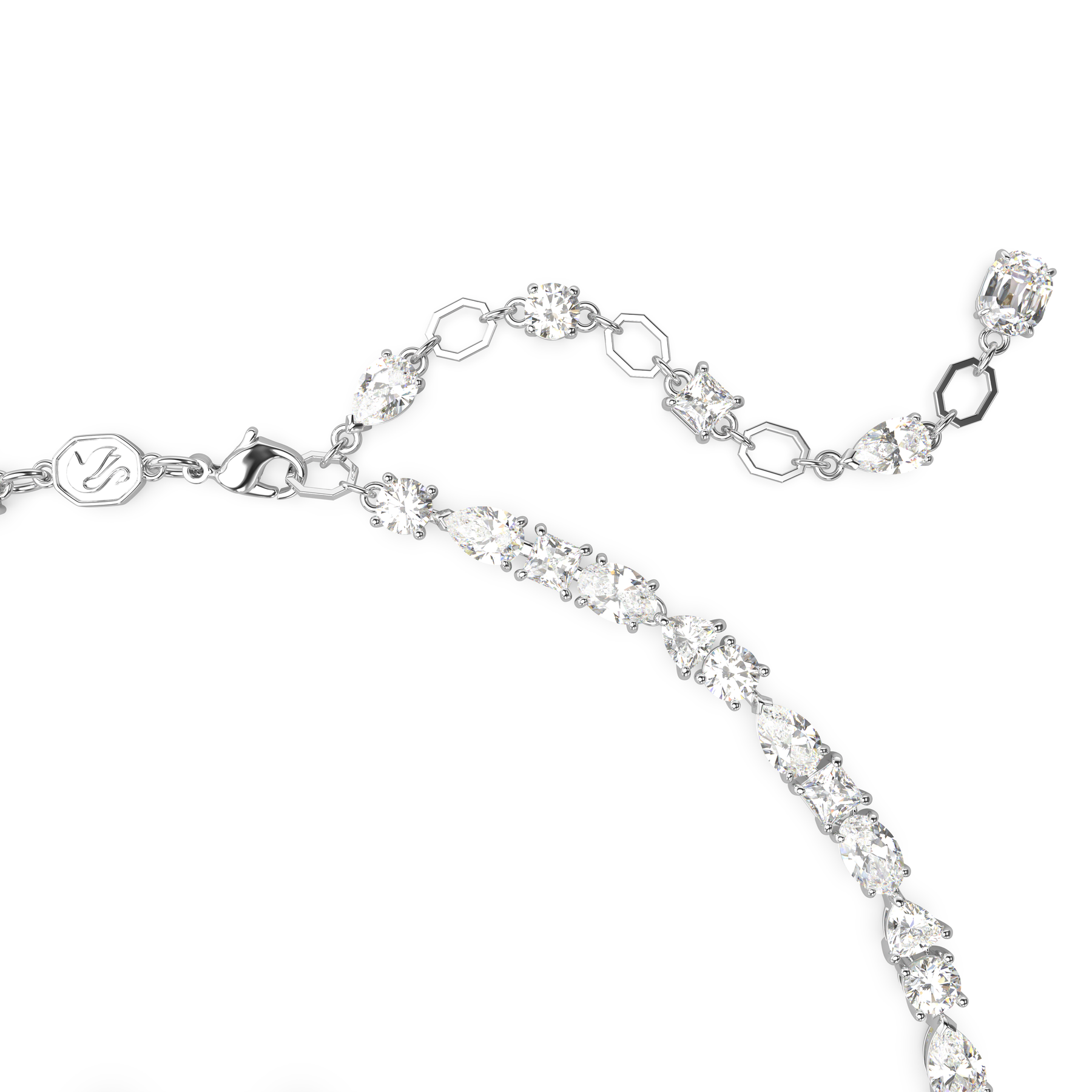Swarovski Mesmera jewelry set with mixed cut white crystals, rhodium plated, featuring elegant earrings and necklace design.
