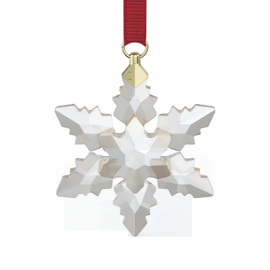 Swarovski Annual Edition Little Snowflake Ornament 2024 with clear crystals and intricate snowflake design, hanging from a ribbon.