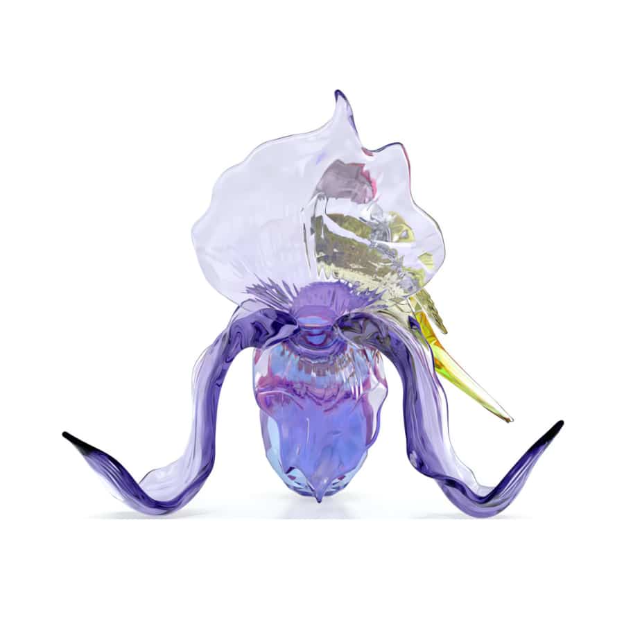 Swarovski Idyllia Gouldian Finch and Orchid crystal figurine with detailed bird and floral design.