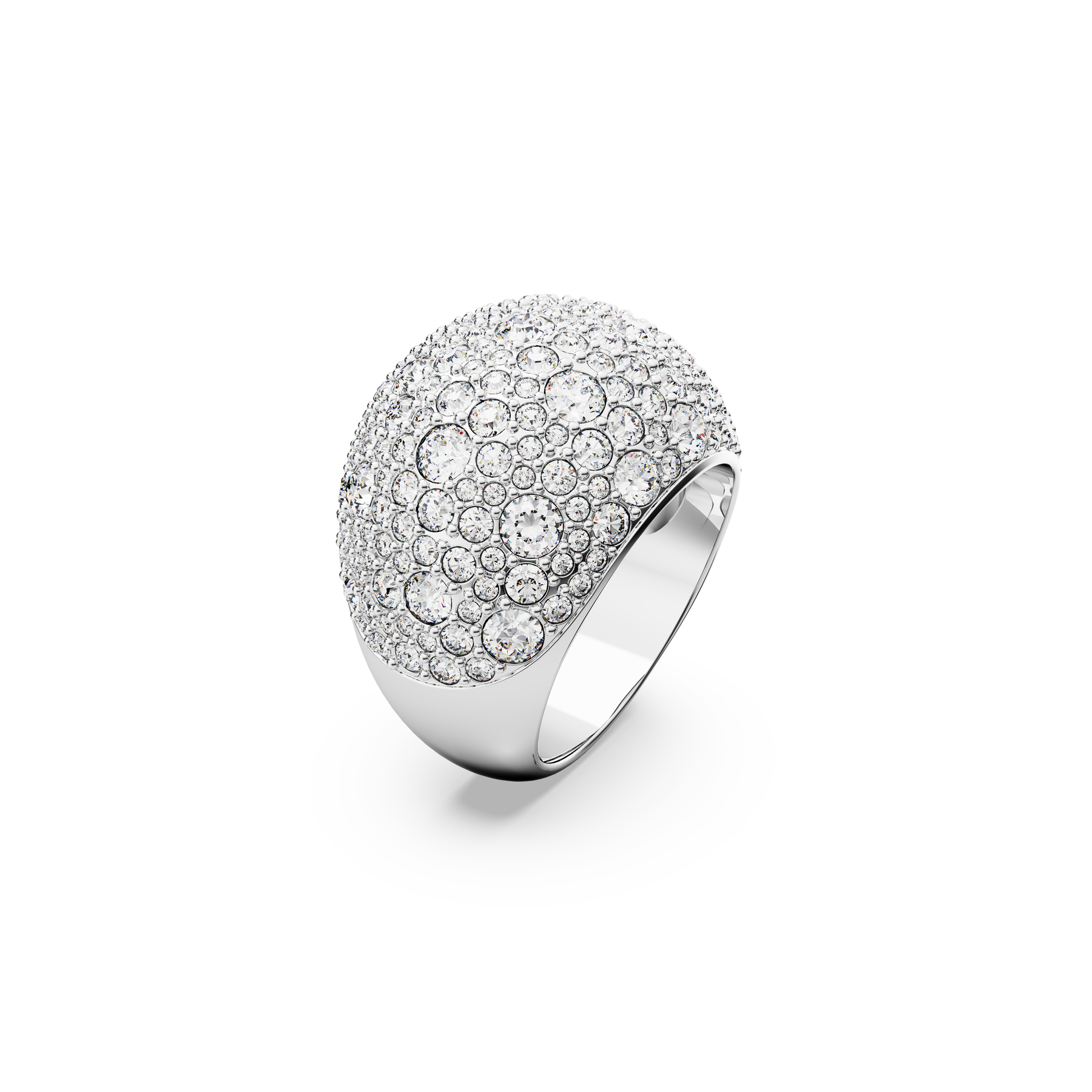 Swarovski Luna cocktail ring with a white moon design, rhodium plated, featuring sparkling crystal details on a sleek band.