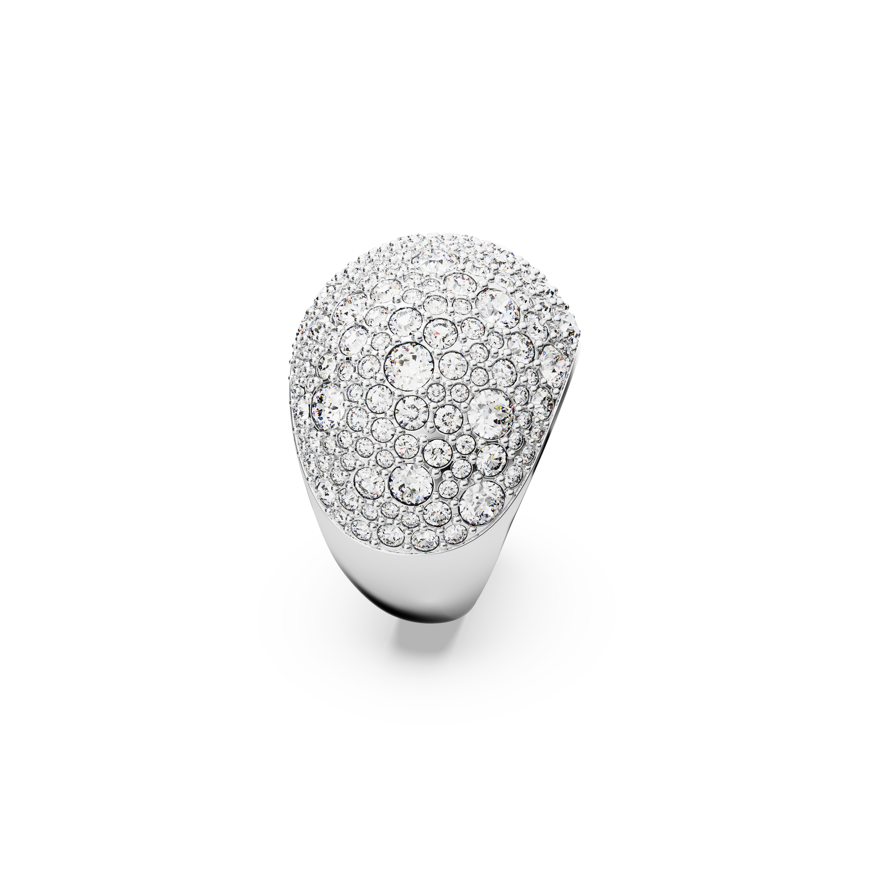 Swarovski Luna cocktail ring with white moon-shaped crystal, rhodium-plated band, elegant jewelry accessory.