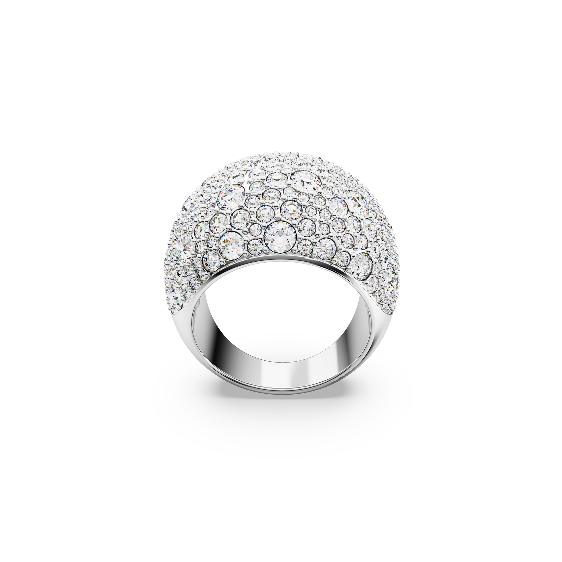 Swarovski Luna cocktail ring with white moon design, rhodium plated band, featuring sparkling crystal accents.