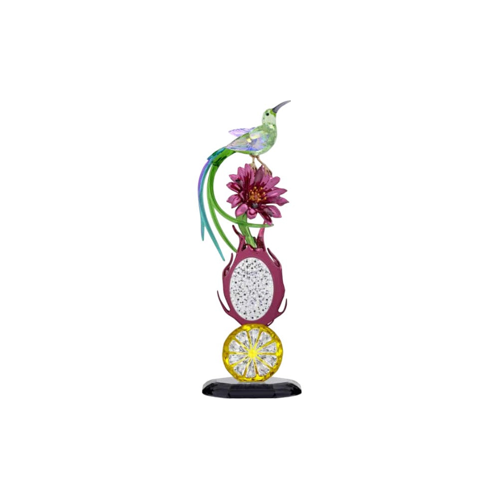 Swarovski Idyllia Sugarbird and Dragon Fruit Totem featuring intricately detailed crystal bird and vibrant fruit design.