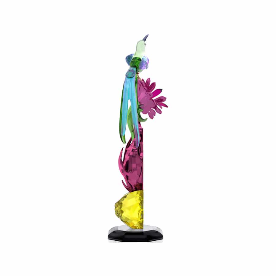 Swarovski Idyllia Sugarbird and Dragon Fruit Totem crystal figurine featuring detailed, colorful bird and fruit designs.