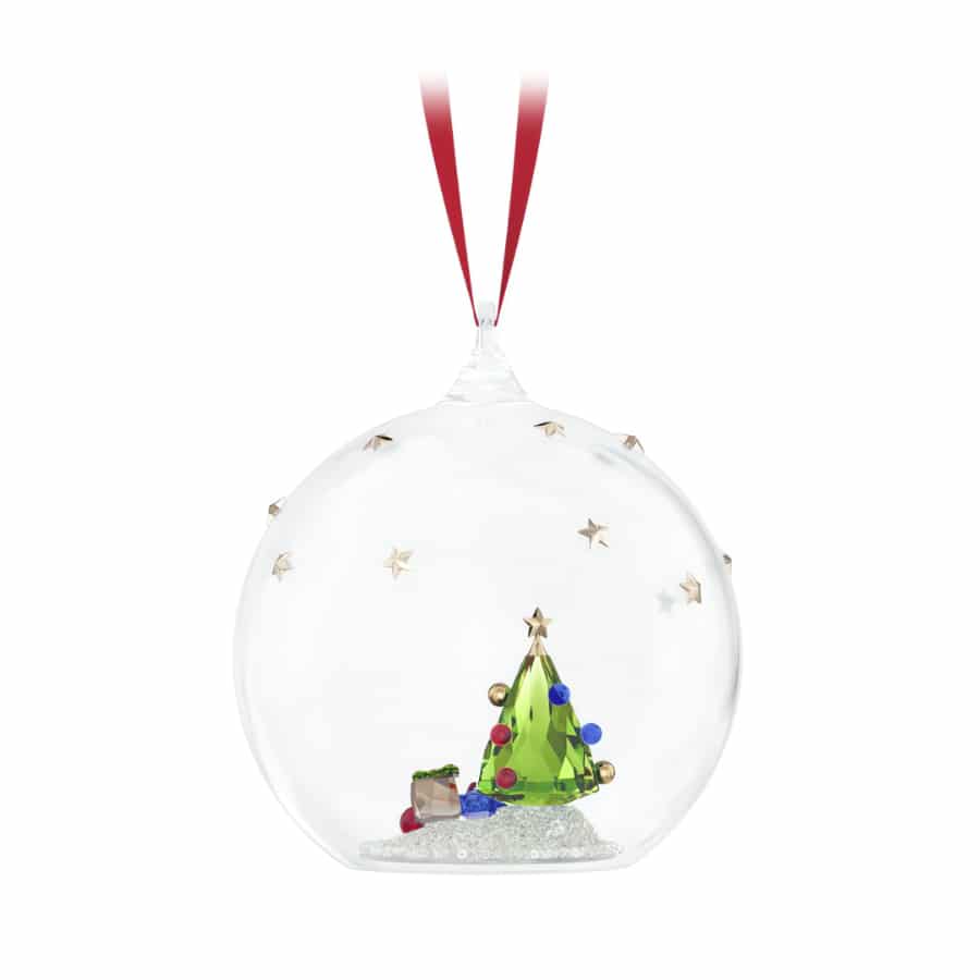 Swarovski Holiday Cheers tree and gifts ball ornament with sparkling crystal design, festive holiday decoration.