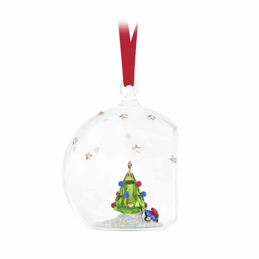 Swarovski Holiday Cheers tree and gifts ball ornament with sparkling crystal decorations on a festive background