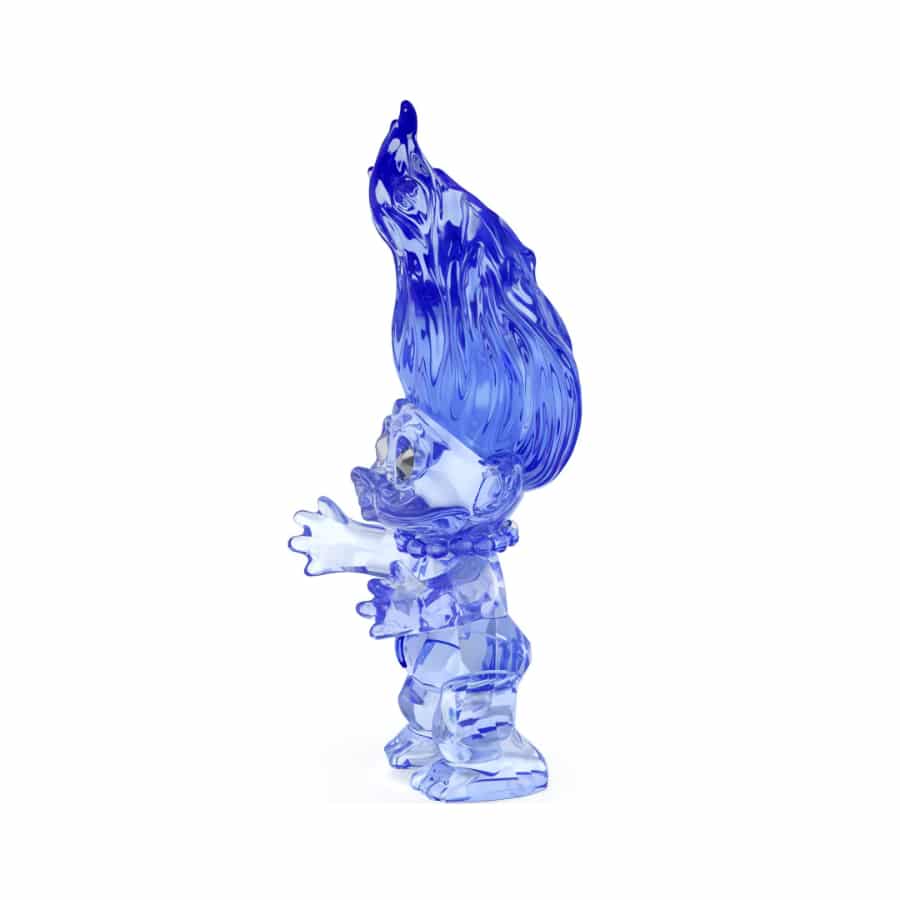 Blue Swarovski Good Luck Trolls figurine with detailed facial features and colorful hair, showcases craftsmanship and vibrant design.