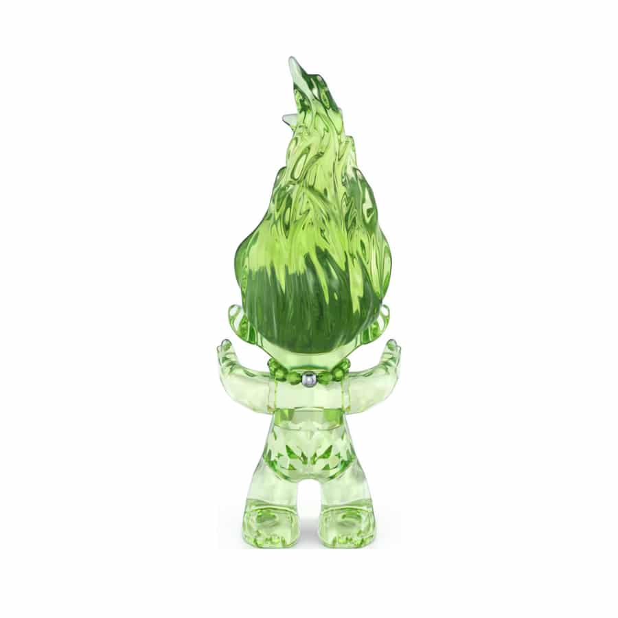 Green Swarovski Good Luck Trolls figurine with detailed facial features and colorful hair, showcasing the crystal craftsmanship.