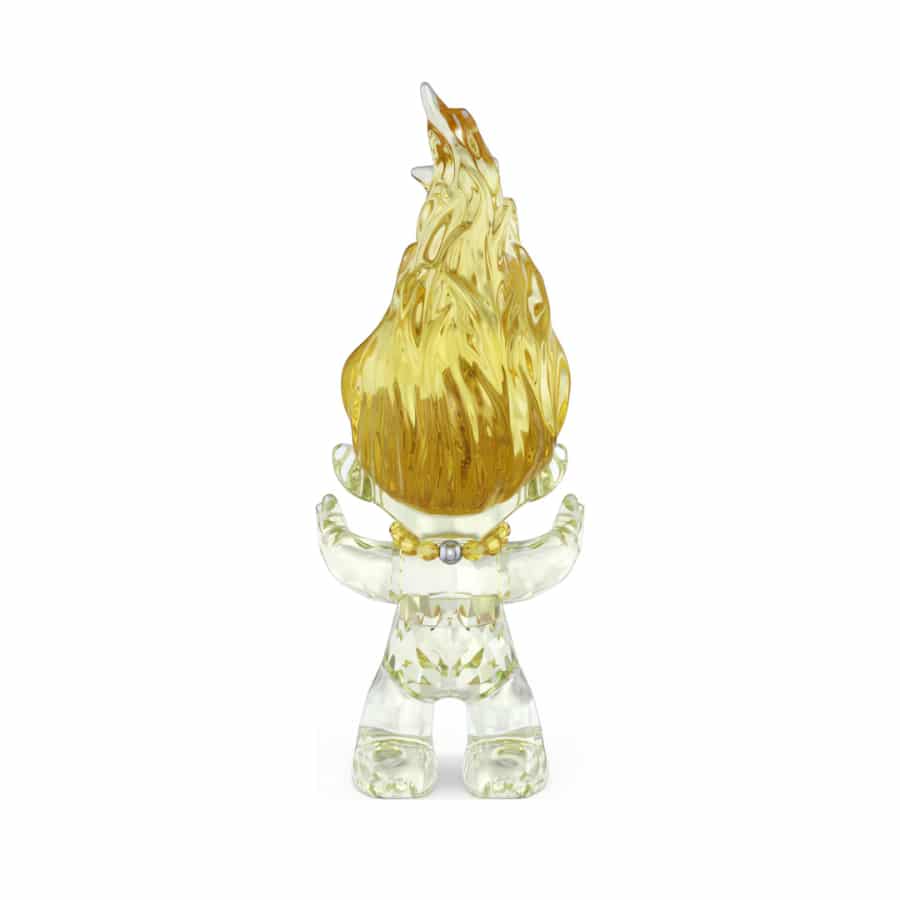 Swarovski yellow Good Luck Trolls figurine with detailed facial features and colorful hair, showcasing sparkling crystal craftsmanship.