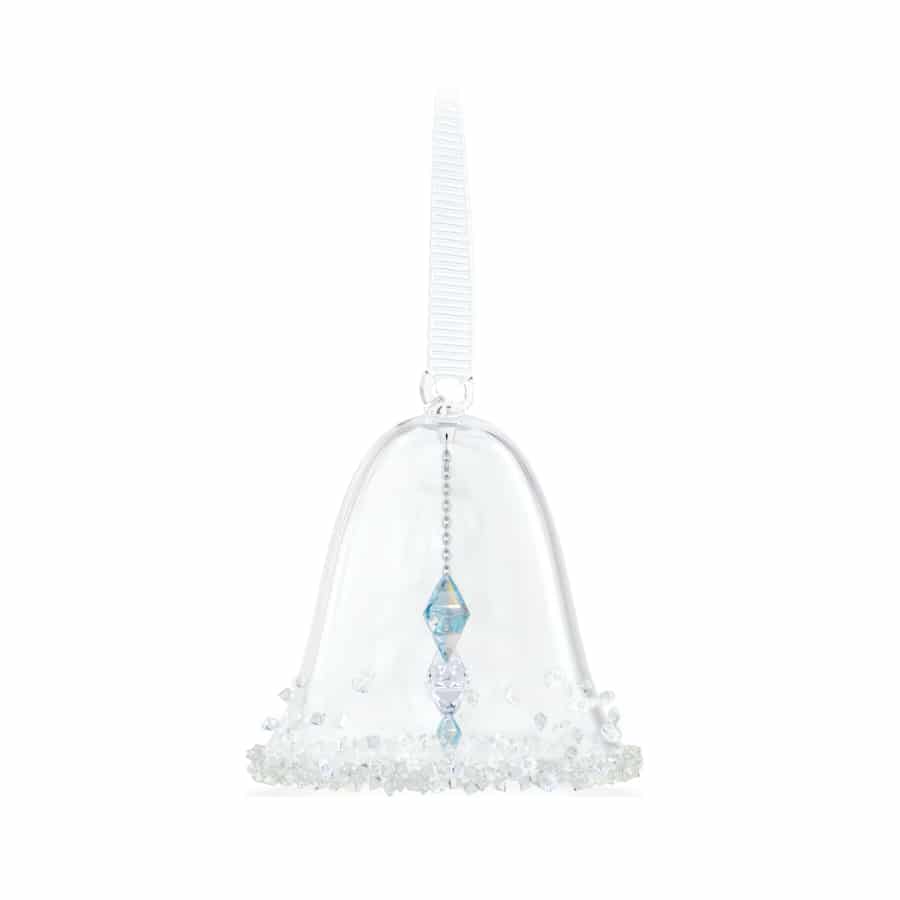 Swarovski Holiday Magic Classics small bell ornament with clear crystals and silver-tone hanging loop on a white background.