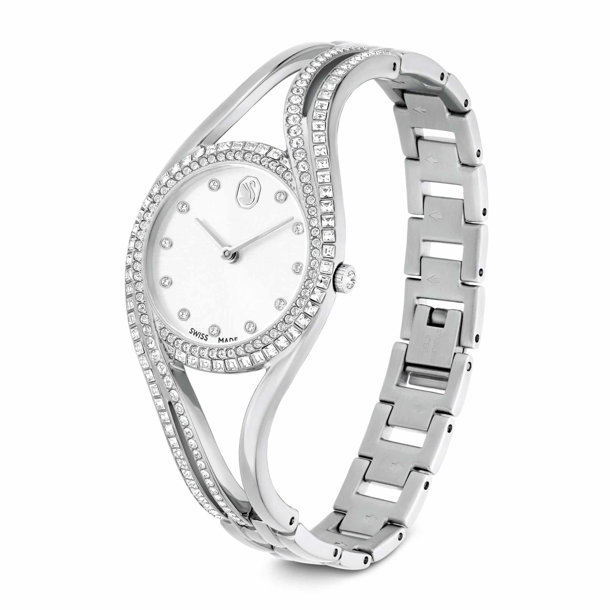 Swarovski Hyperbola Bangle Watch with silver-tone stainless steel case and band, Swiss Made, elegant and modern jewelry timepiece