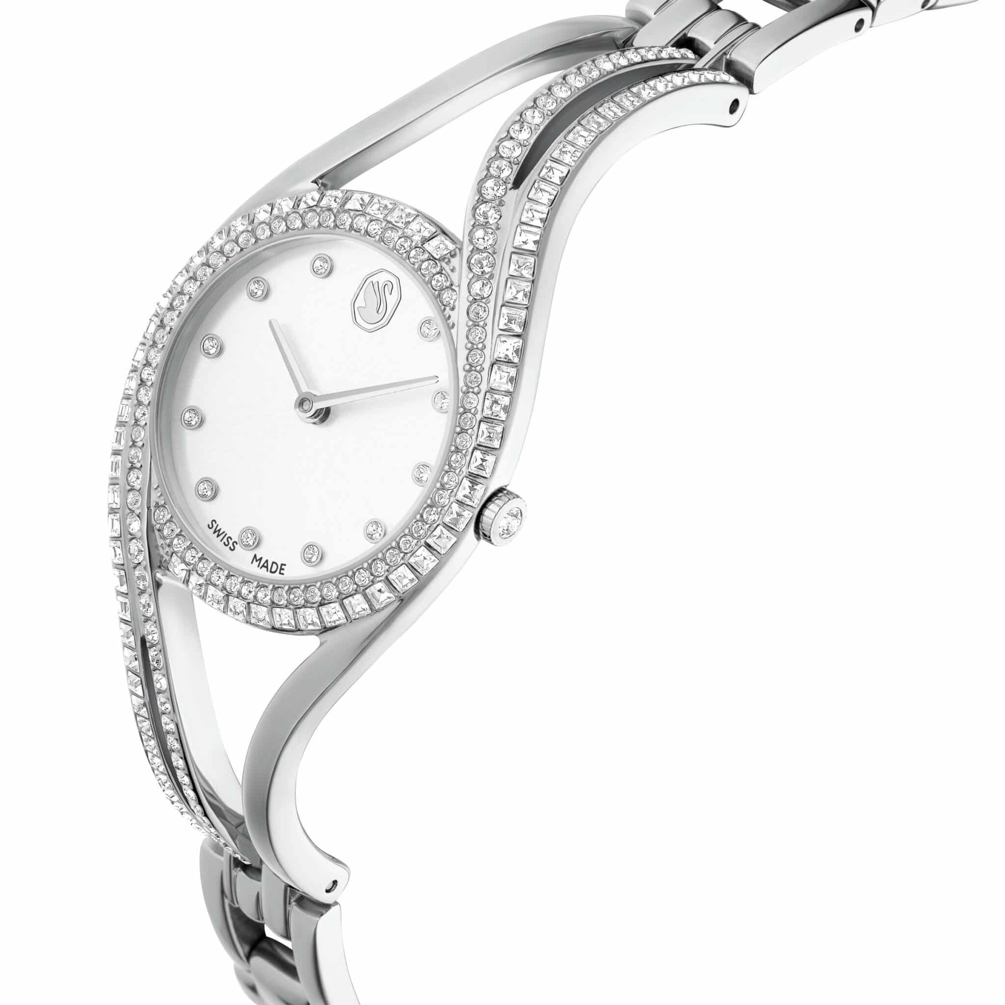 Swarovski Hyperbola Bangle Watch with silver-tone stainless steel case and bracelet, Swiss Made, elegant jewelry timepiece.