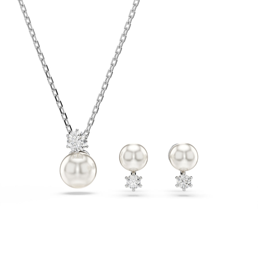 Swarovski Matrix jewelry set with white crystal pearls and round cut crystals, rhodium-plated finish, elegant and sparkling.
