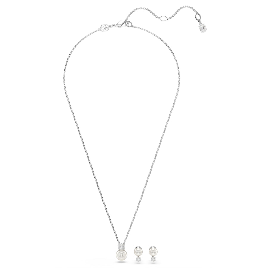 Swarovski Matrix set with white crystal pearl and round cut crystals, rhodium-plated jewelry piece.