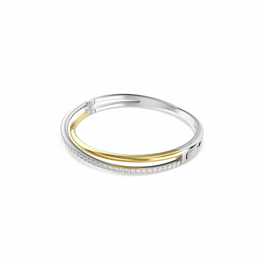 Swarovski Hyperbola Bangle featuring sleek, modern design with sparkling crystal accents on a silver-tone metal bracelet.