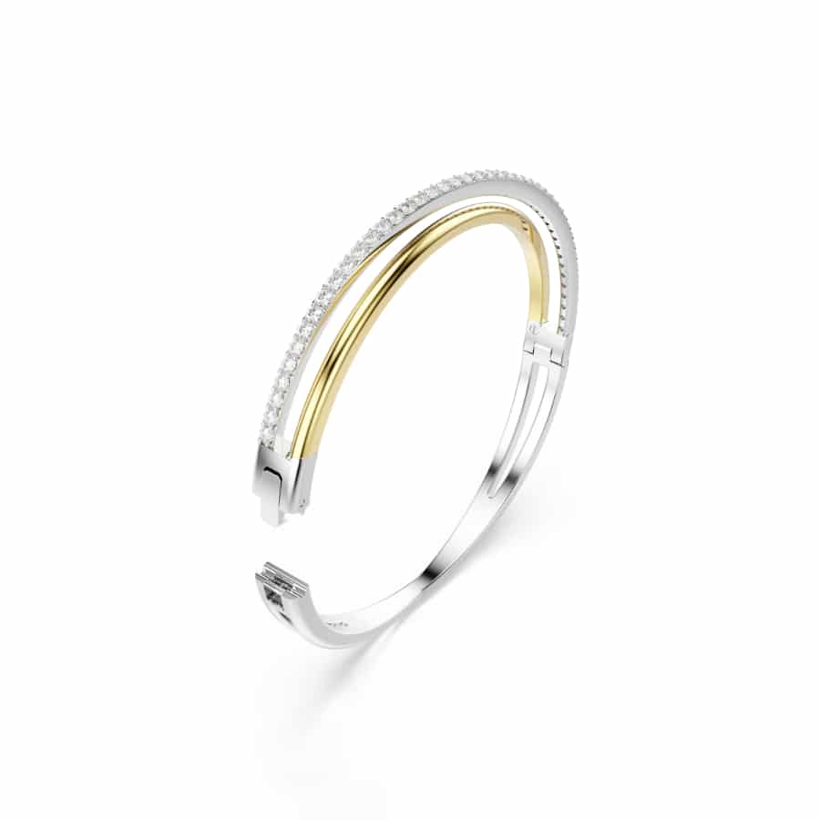 Swarovski Hyperbola Bangle featuring sparkling crystal design in silver-tone metal, stylish jewelry accessory.