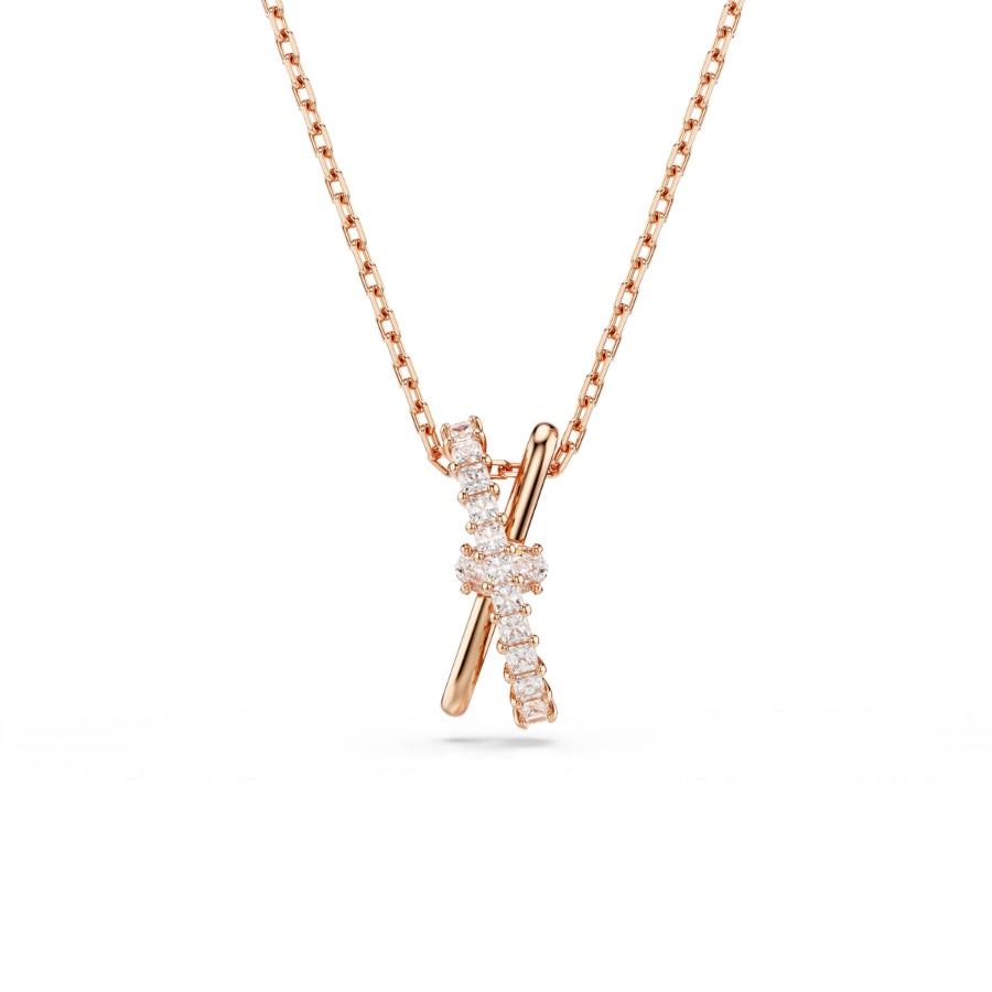 Swarovski Hyperbola pendant with mixed cut crystals in white and rose gold-tone plating, featuring a twisted design.
