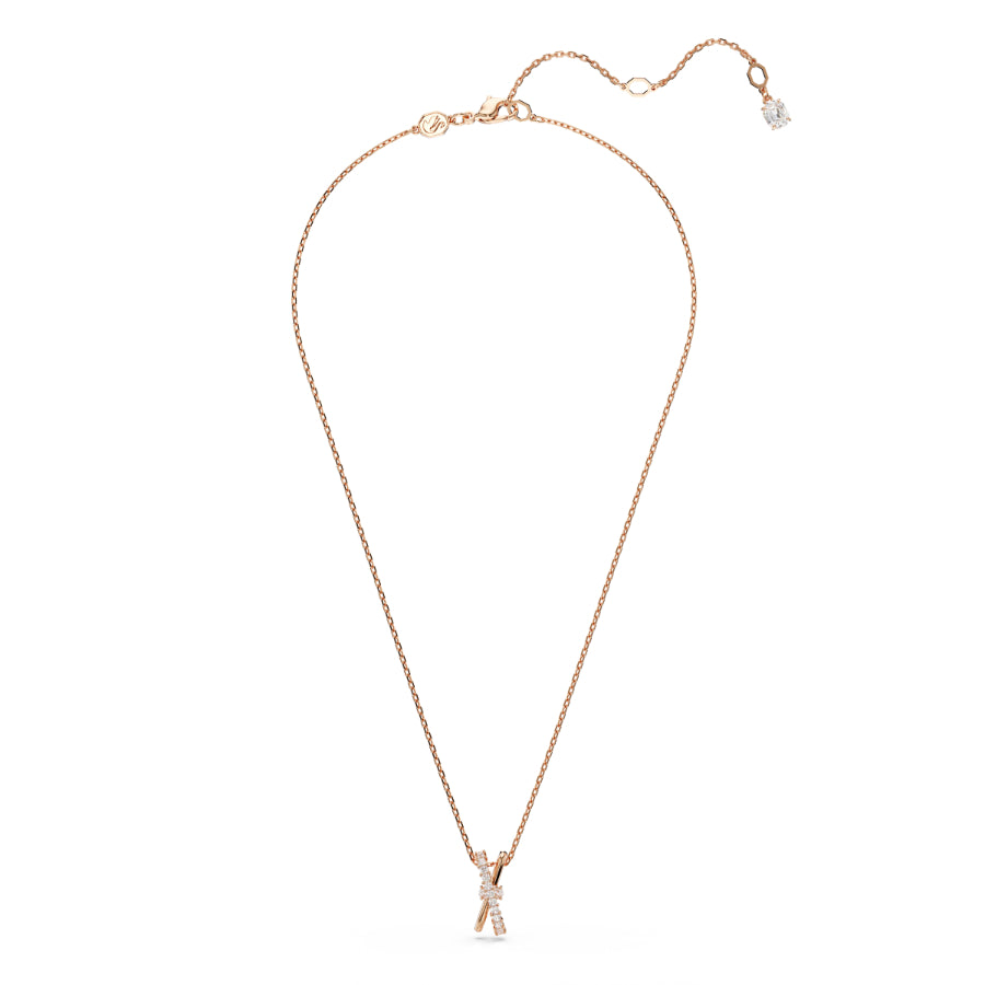 Swarovski Hyperbola pendant with mixed cuts, twist design, white and rose gold-tone plating, featuring sparkling crystal details.