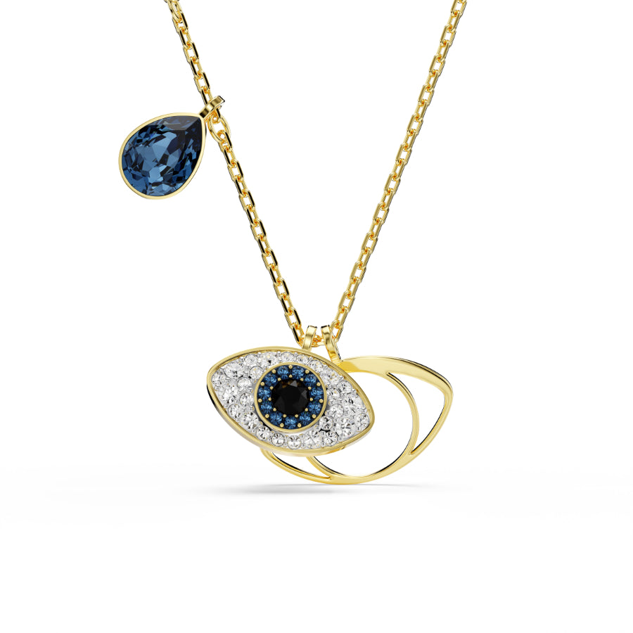 Swarovski Symbolica Evil Eye pendant in blue with gold-tone plating, featuring intricate detailing and a protective design.