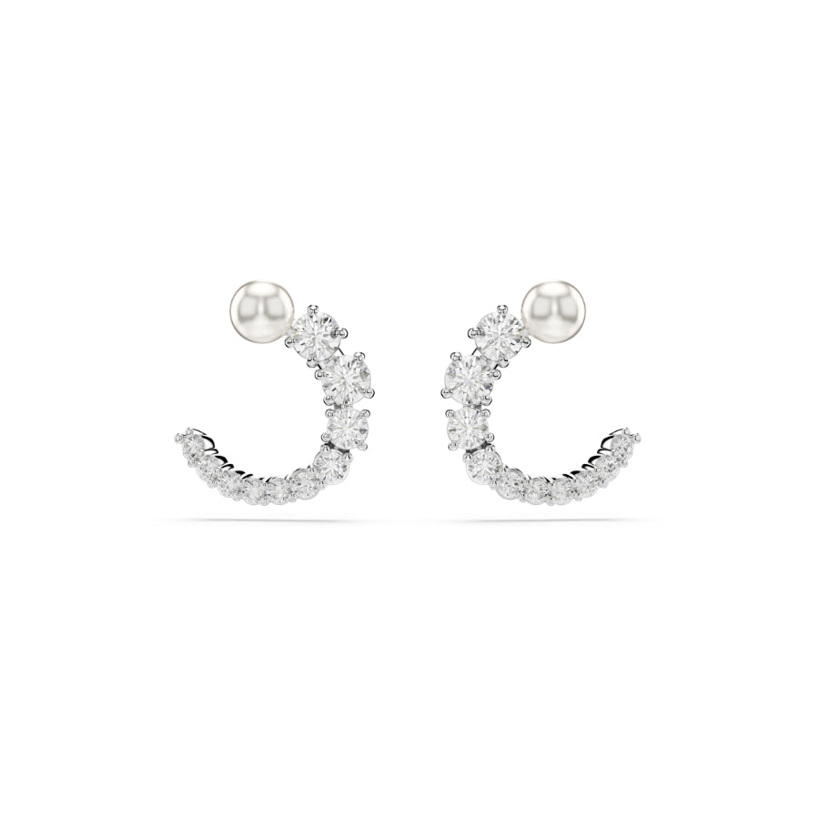 Swarovski Matrix hoop earrings with crystal pearl accents, round cut stones, white color, rhodium plated jewelry.