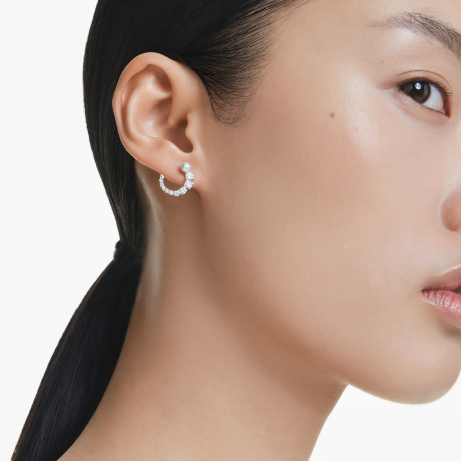 Swarovski Matrix hoop earrings with crystal pearls, round cut white stones, rhodium plated, showcasing elegant jewelry design