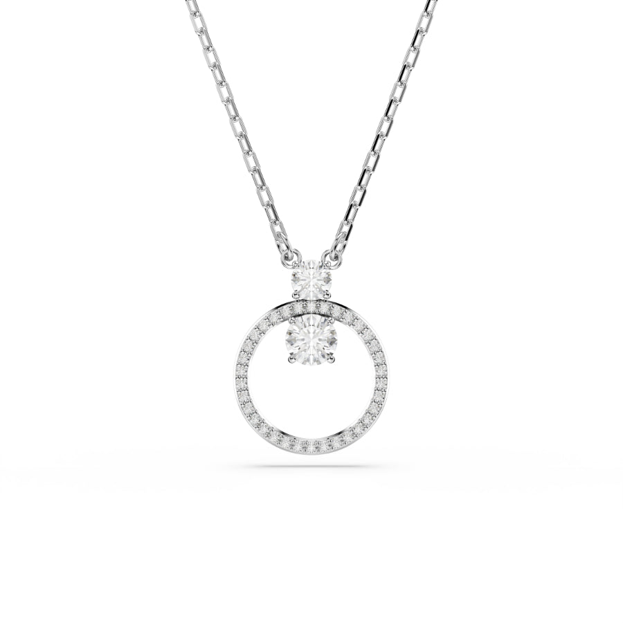Swarovski Constella pendant with round cut white crystal, rhodium-plated jewelry piece with elegant design.