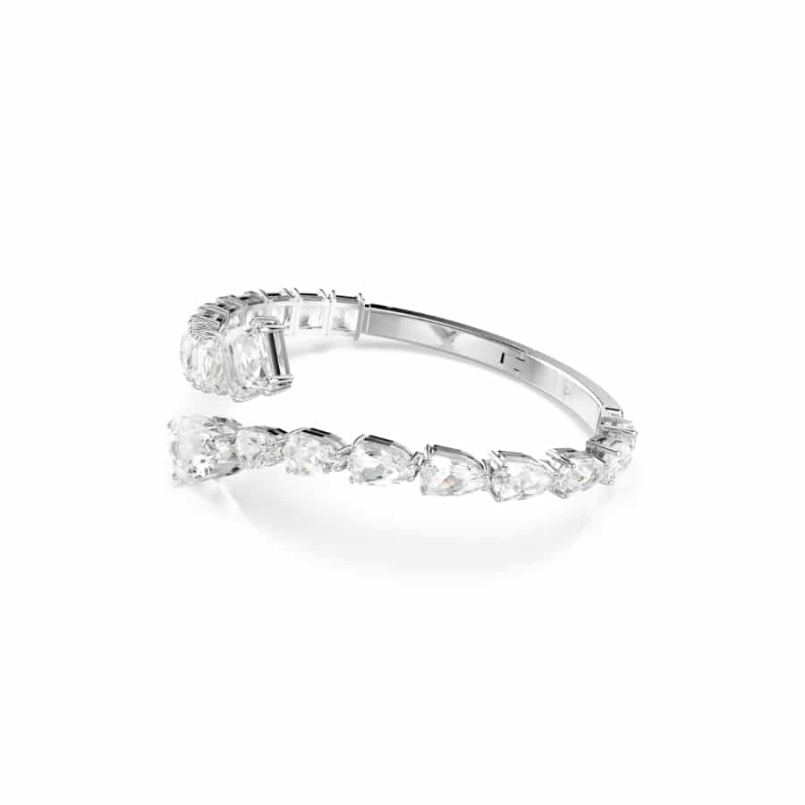 Swarovski Matrix cuff bracelet with mixed cuts in white crystals, rhodium-plated for a sleek, modern jewelry look.