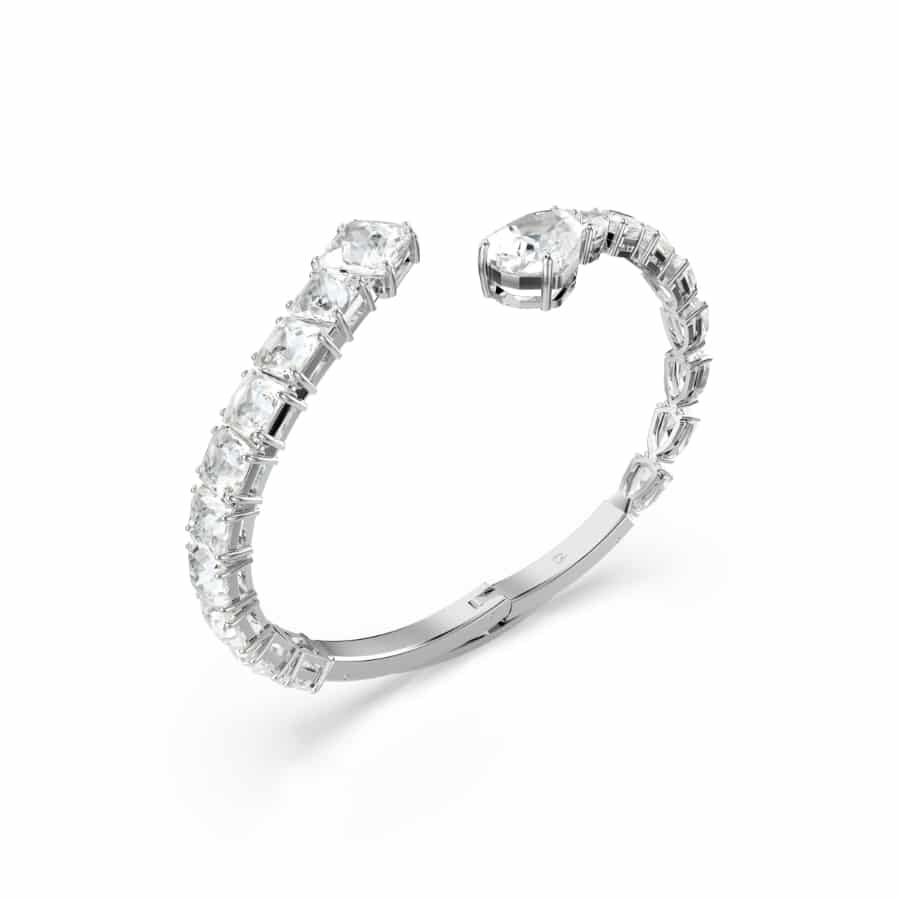 Swarovski Matrix cuff bracelet with mixed-cut white crystals and rhodium plating, showcasing a modern, elegant jewelry design.