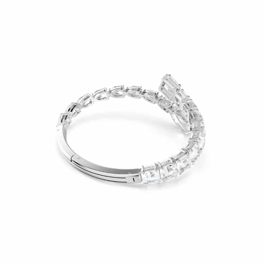 Swarovski Matrix cuff bracelet with mixed-cut white crystals and rhodium plating, showcasing a sleek and modern jewelry design.