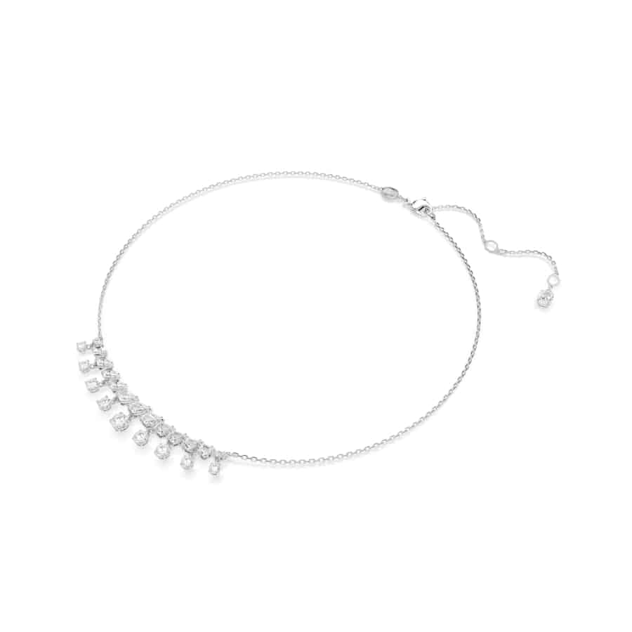Swarovski Idyllia necklace with mixed cut snowflake-shaped white crystals, rhodium-plated finish, elegant jewelry design