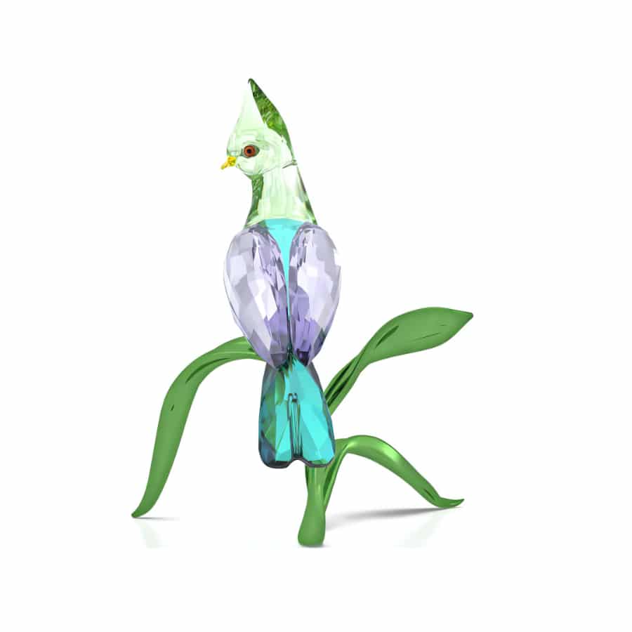 Swarovski Idyllia Green Turaco crystal figurine with detailed green and blue feathers, showcasing sparkling craftsmanship.