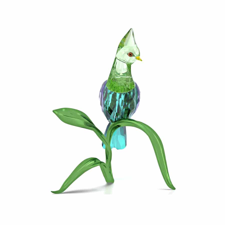 Swarovski Idyllia Green Turaco crystal figurine with detailed green and blue feathers, showcasing intricate craftsmanship.
