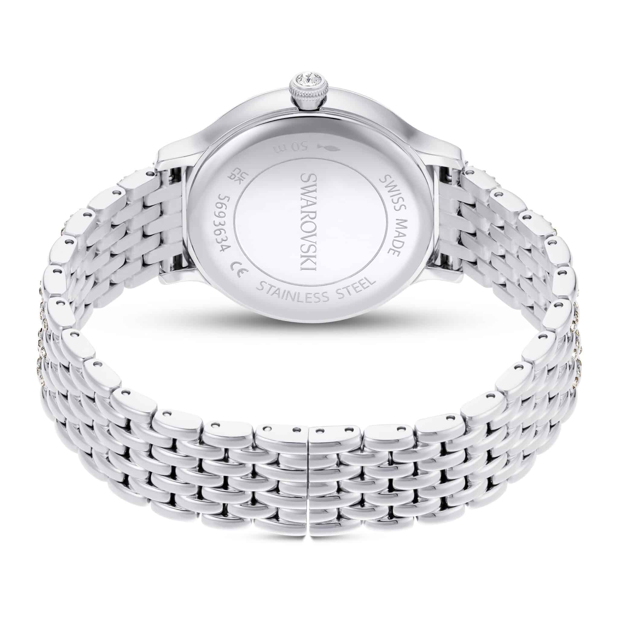 Swarovski Imber Swiss Made watch with silver-tone stainless steel bracelet and metal case, showcasing elegant design and craftsmanship.