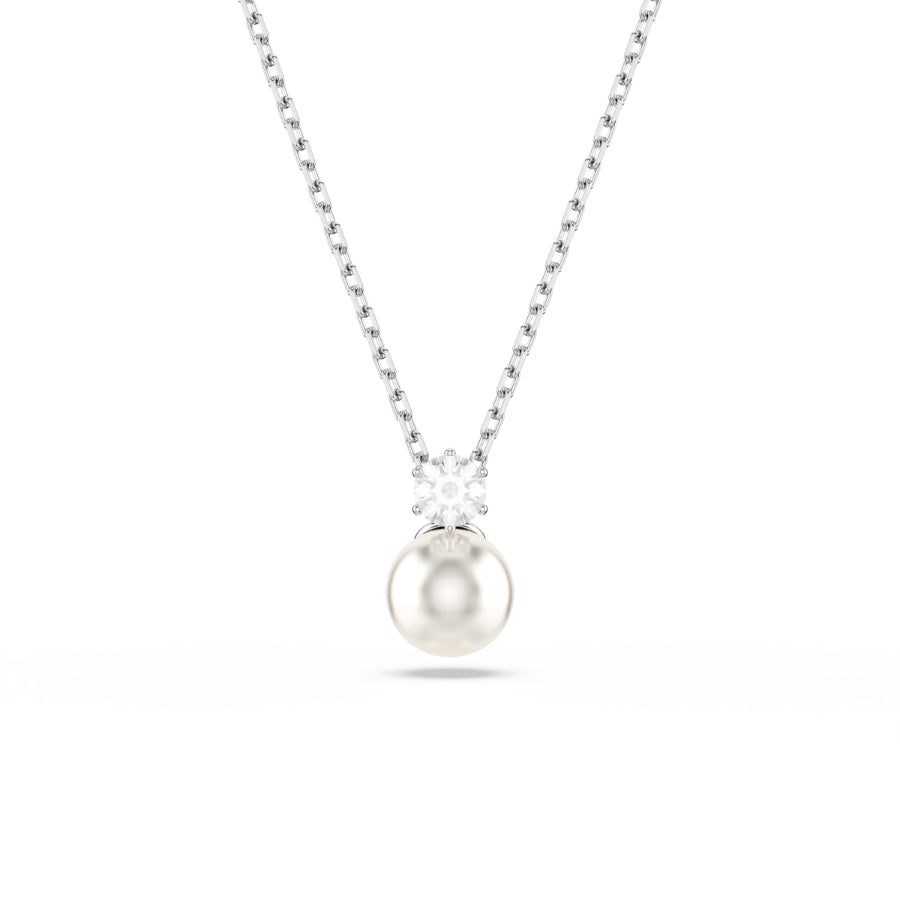 Swarovski Matrix pendant with white crystal pearl, round cut, rhodium plated, showcasing elegant jewelry design.