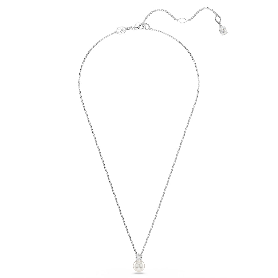 Swarovski Matrix pendant with white crystal pearl, round cut, rhodium-plated jewelry showcasing elegant design and sparkle.