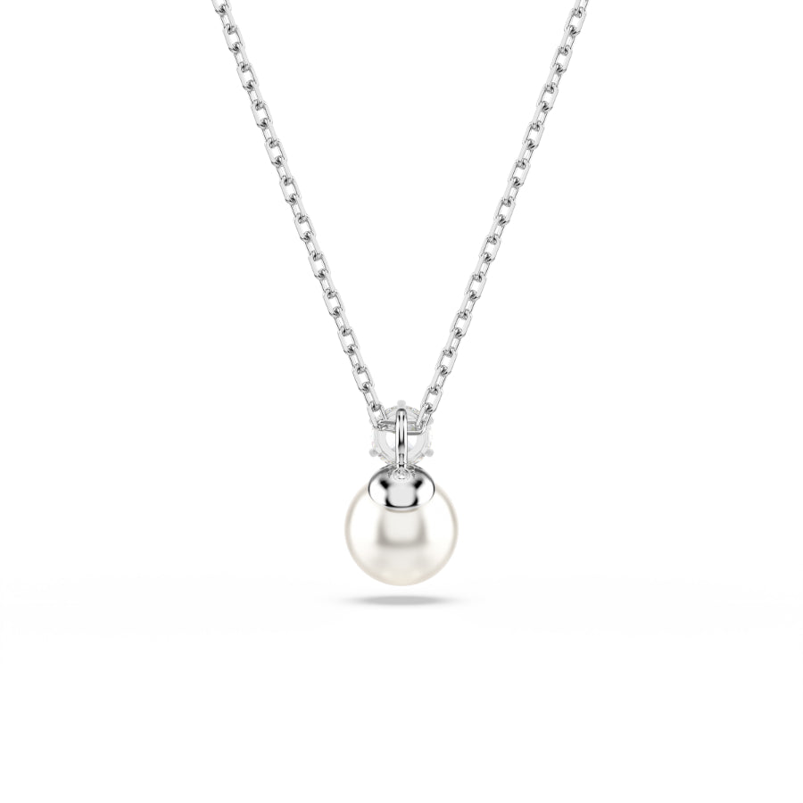 Swarovski Matrix pendant with white crystal pearl and round cut crystal, rhodium plated jewelry piece.