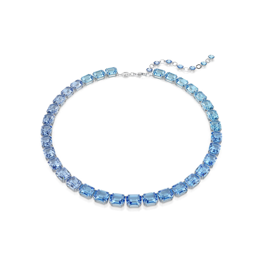 Swarovski Millenia necklace with octagon cut blue color gradient crystal, rhodium-plated chain and elegant design