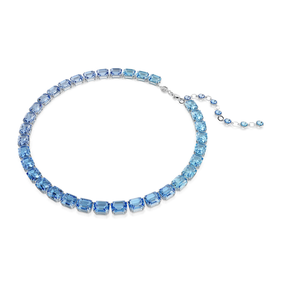 Swarovski Millenia necklace with octagon-shaped blue gemstone, color gradient, rhodium plating, elegant jewelry accessory