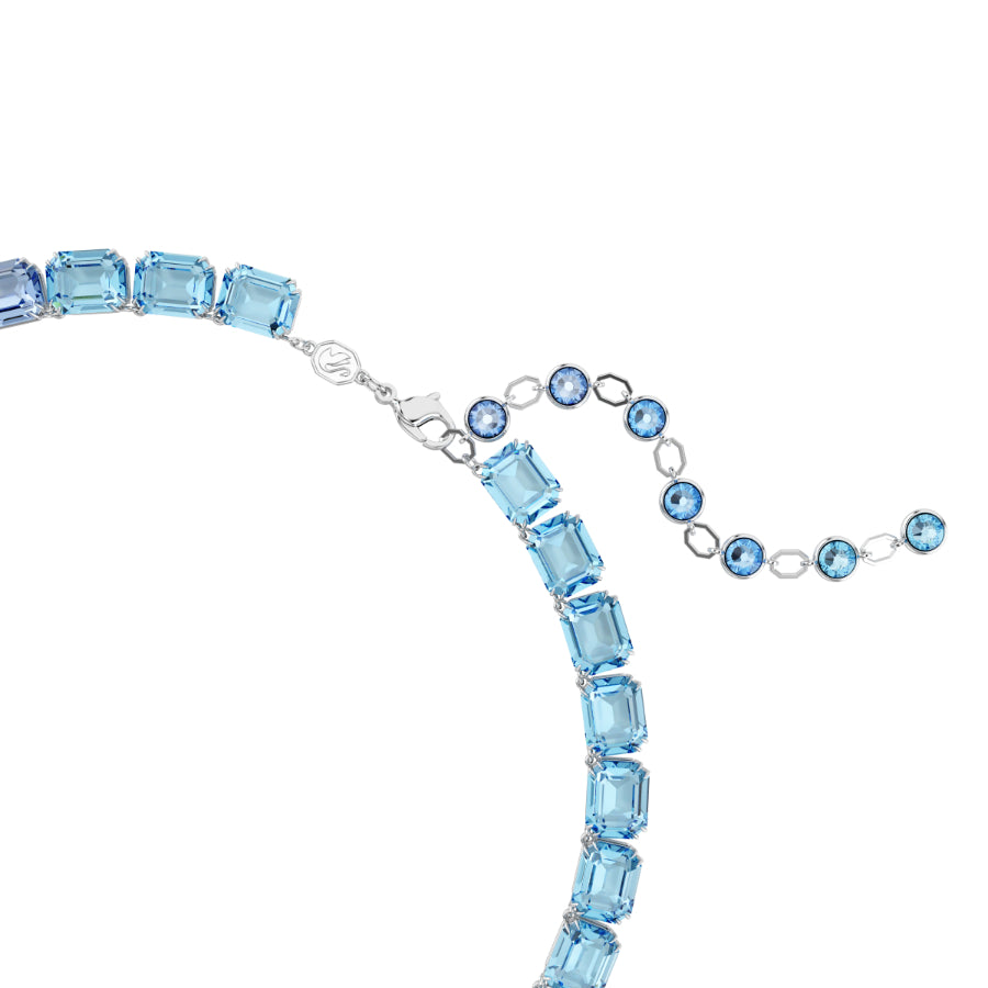 Swarovski Millenia Necklace with octagon-cut blue color gradient crystal, rhodium-plated, elegant jewelry piece.