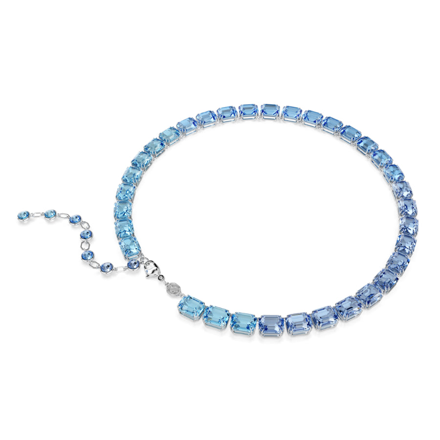Swarovski Millenia necklace with an octagon cut, blue color gradient, rhodium plating, and elegant jewelry design.