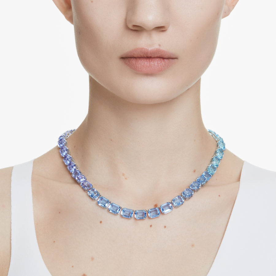 Swarovski Millenia necklace with an octagon cut, blue color gradient, rhodium plating, and elegant design.