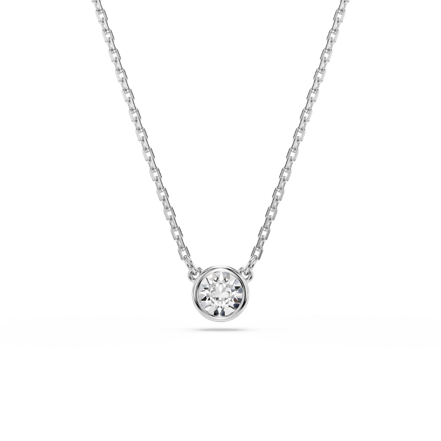 Swarovski Imber pendant with round cut white crystal, rhodium plated necklace jewelry, elegant and sparkling accessory.