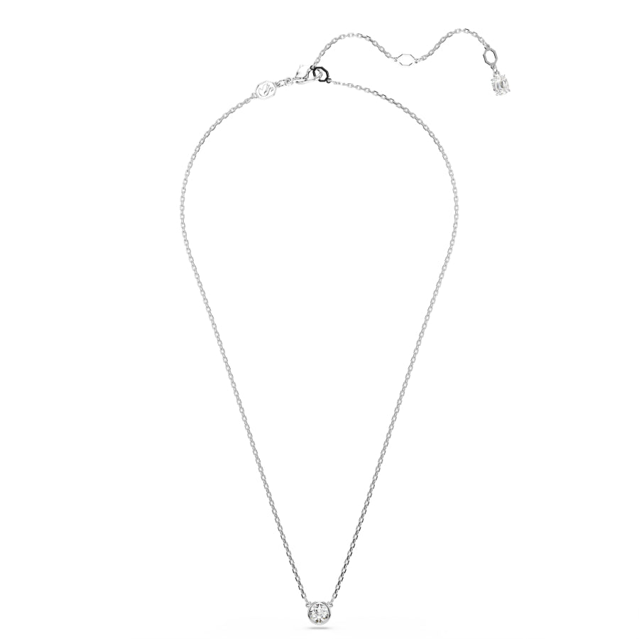 Swarovski Imber pendant with round cut white crystal, rhodium-plated silver setting, showcasing elegant jewelry design