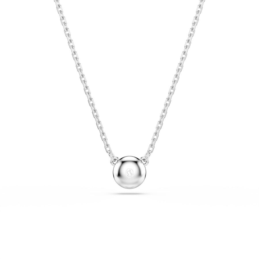 Swarovski Imber pendant with round white crystal, rhodium-plated jewelry piece displayed on a white background.