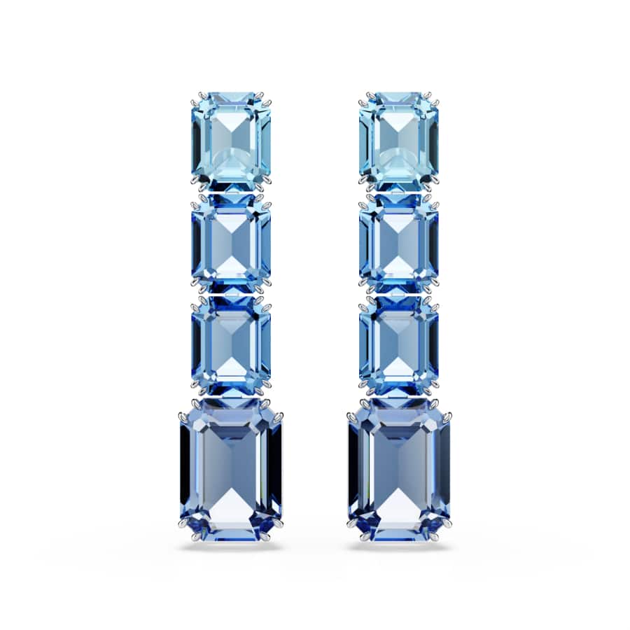 Swarovski Millenia Drop Earrings with octagon cut blue gemstones, color gradient, rhodium plating, elegant jewelry design